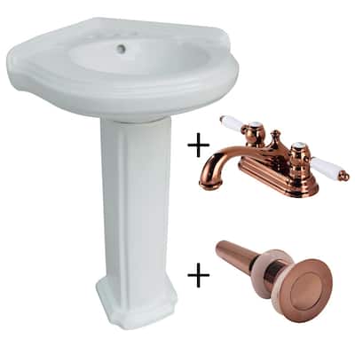 Portsmouth White Ceramic Corner Pedestal Sink with 4" Centerset Rose Gold Faucet, Drain and Overflow