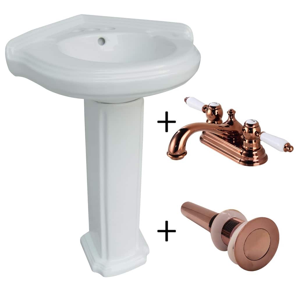 Portsmouth White Ceramic Corner Pedestal Sink with 4" Centerset Rose Gold Faucet, Drain and Overflow