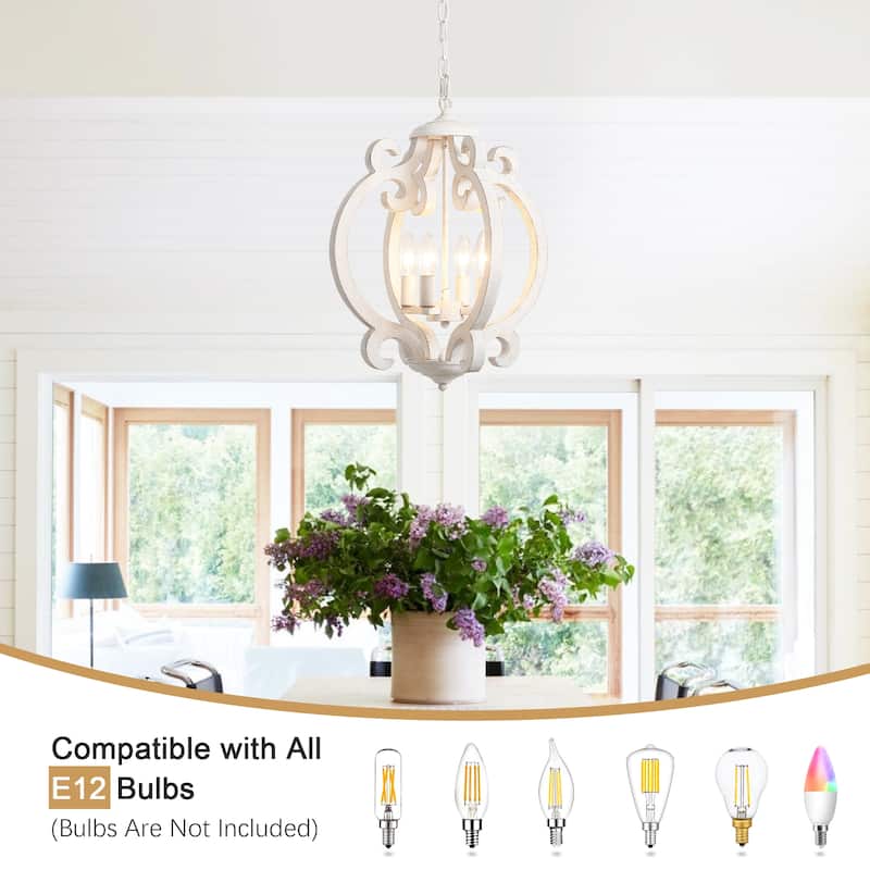 4-Light Antique Wood French Country Chandelier Vintage Pendant for Dining Room