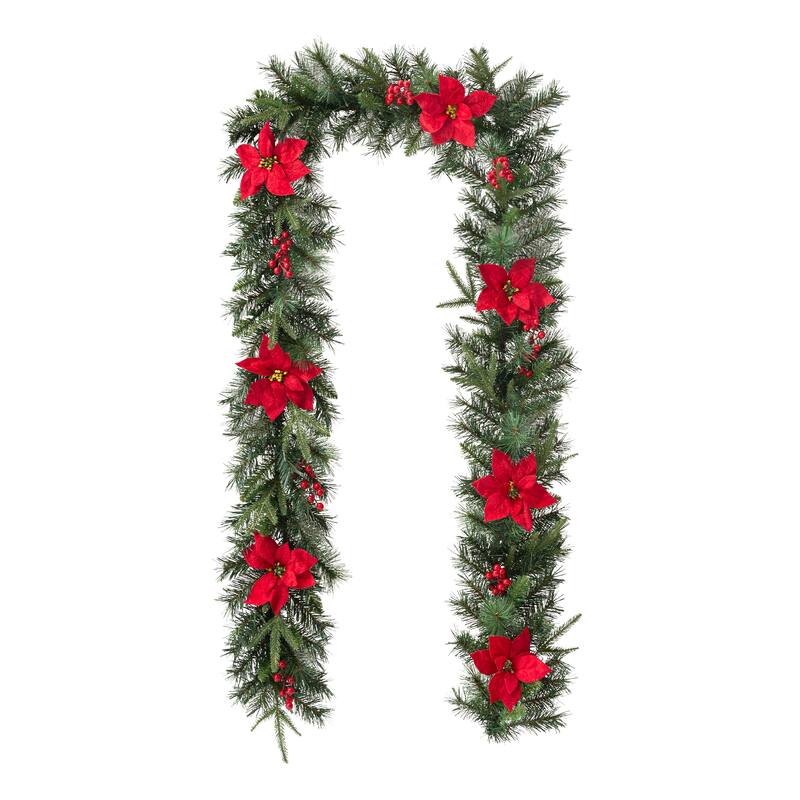 Glitzhome 9ft Pre-Lit Greenery Pine Berries Christmas Garland with Timer - 1 Pack