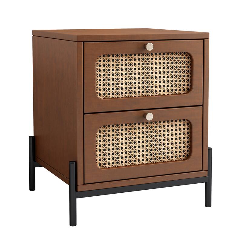 Modern Cannage Rattan Wood Closet 2-Drawer Side Table End Table Nightstand