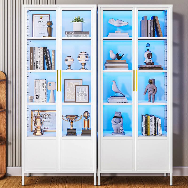 5-Tier Tempered Glass Curio Display Cabinet with Doors, Adjustable Shelves and 13 Color Lights - 67"H x 27.5"W x 13.8"D