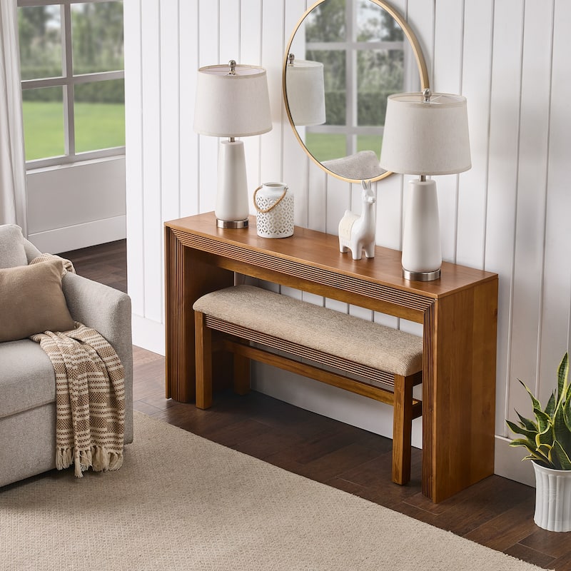 Fluted Counter Height Bar Table Set for Two with Upholstered Bar Stool and Solid Wood Legs