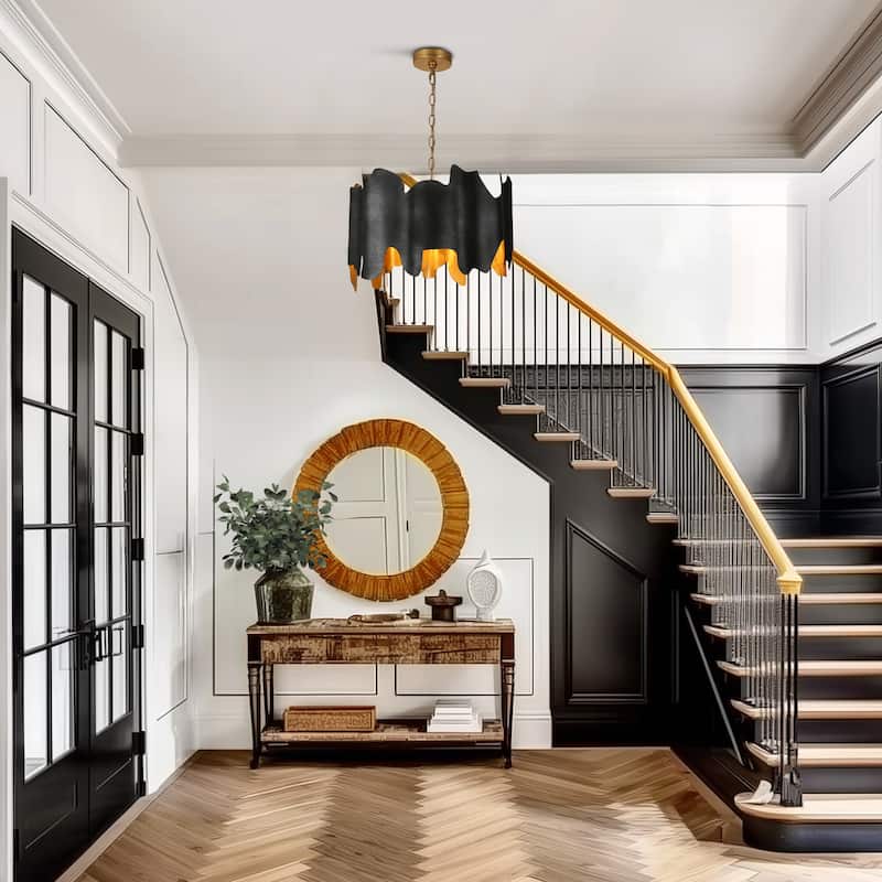 Modern 4-Light Drum Black Gold Chandelier for Dining Room Bedroom - 18.9" Dia. x 12.6" H