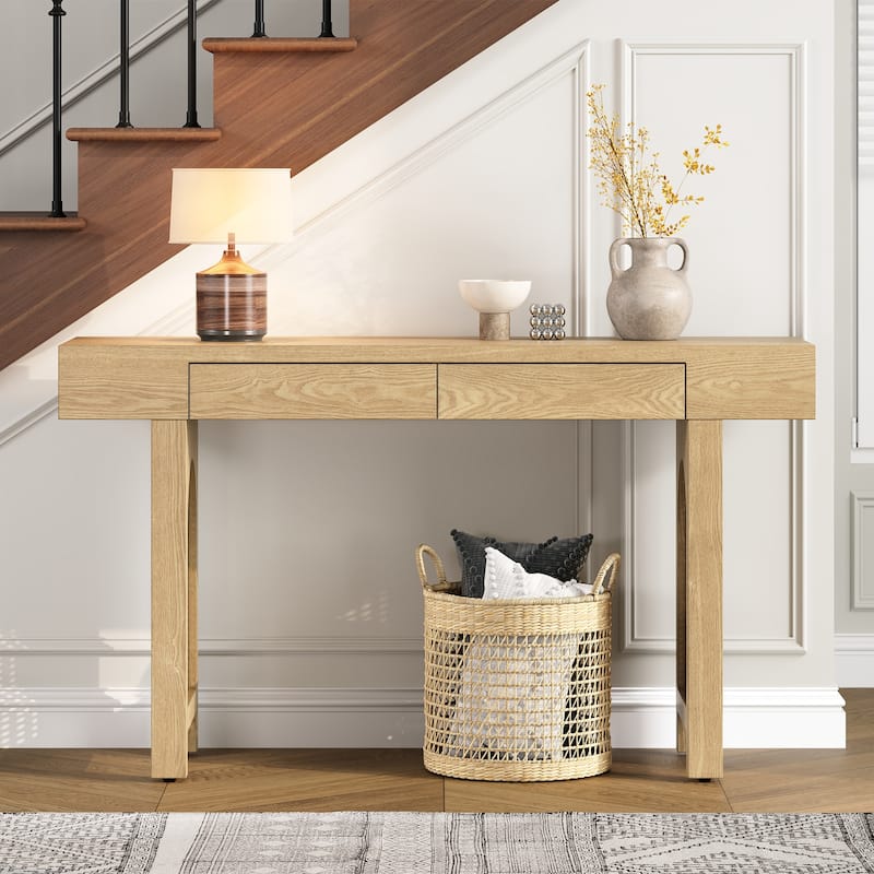 Console Table with Rattan Accent, Entryway Table with Storage Drawers, Sofa Table for Living Room, Entrance, Corridor, Hallway