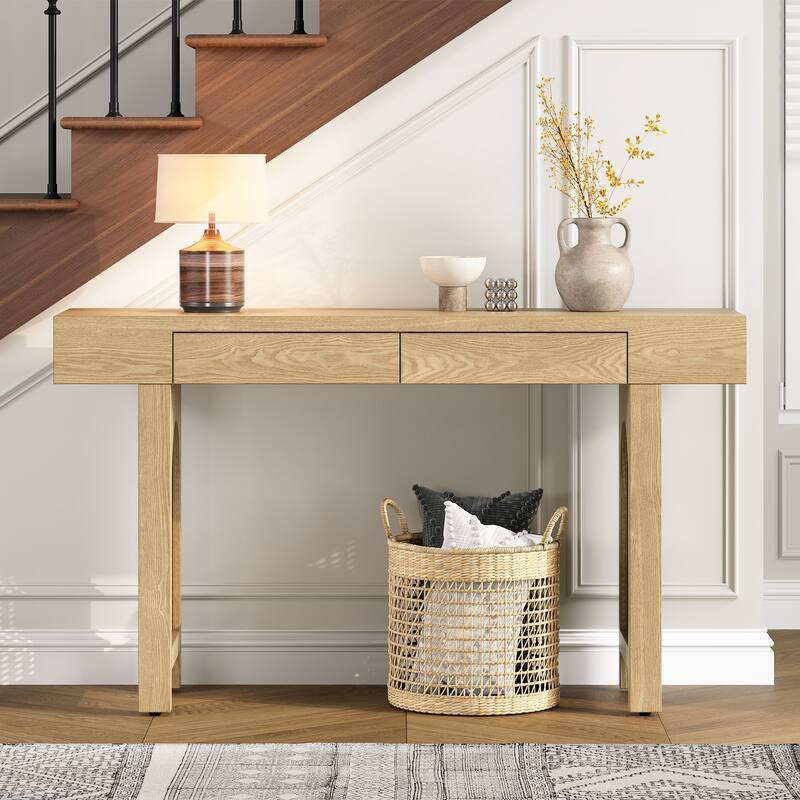 Narrow Console Table with Rattan Accent