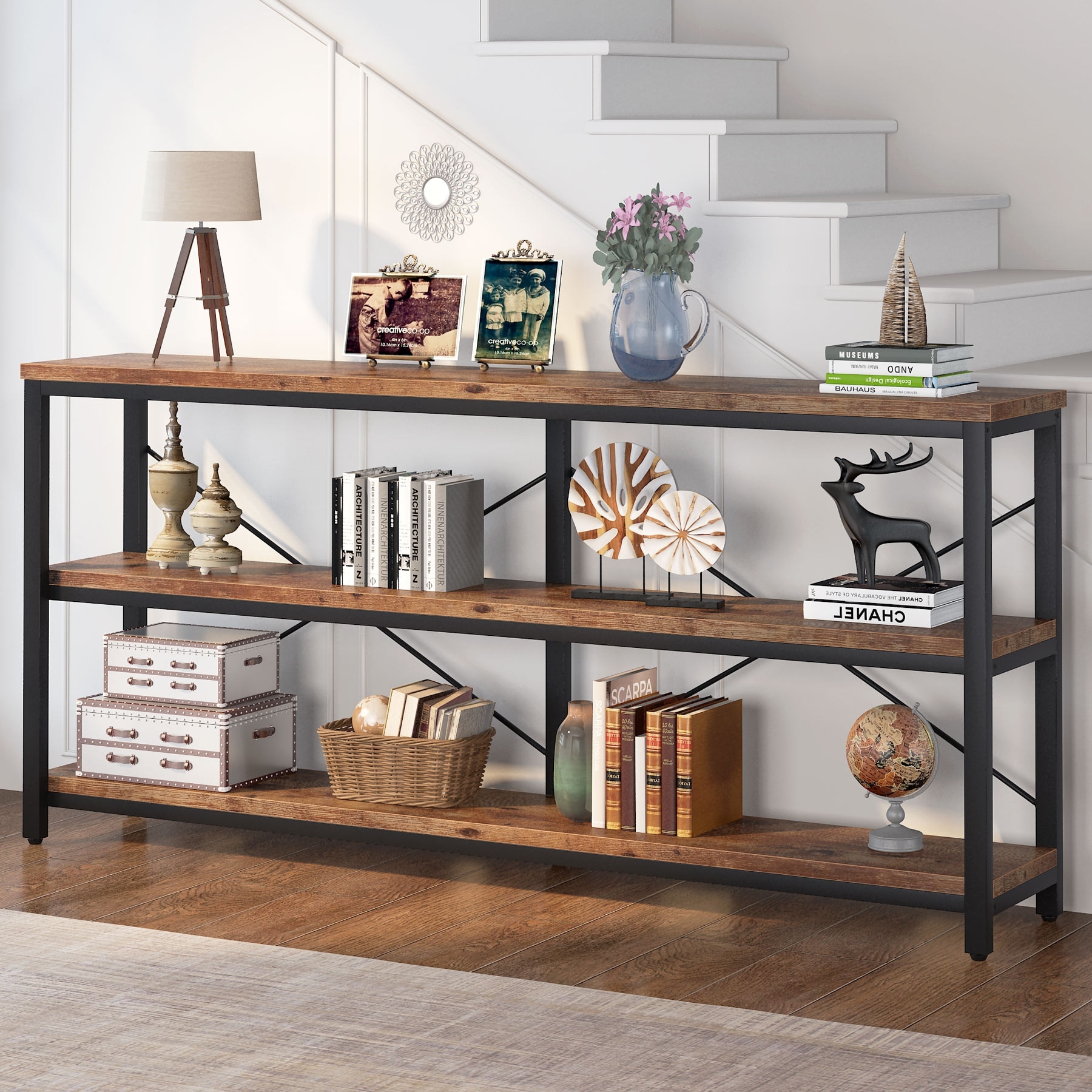 70.8" Extra Long Narrow Console Table Sofa Table Entryway Table with 3 Tiers Storage Shelves