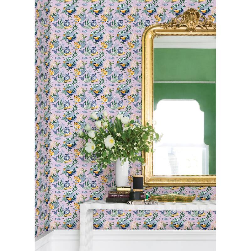 PrintFresh Meowing Mermaids Lavender Peel and Stick Wallpaper