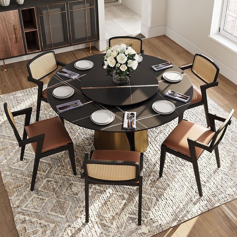 Modern Round White Dining Table，Sintered Stone Tabletop, Solid Black Carbon Steel Base