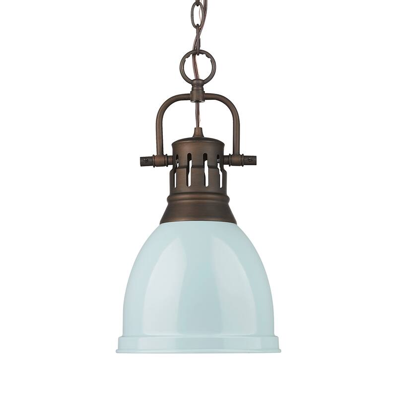Yep by Golden Lighting Duncan 1-light 9in Chain Hung Pendant in Rubbed Bronze and Seafoam shade