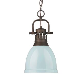 Yep by Golden Lighting Duncan 1-light 9in Chain Hung Pendant in Rubbed Bronze and Seafoam shade