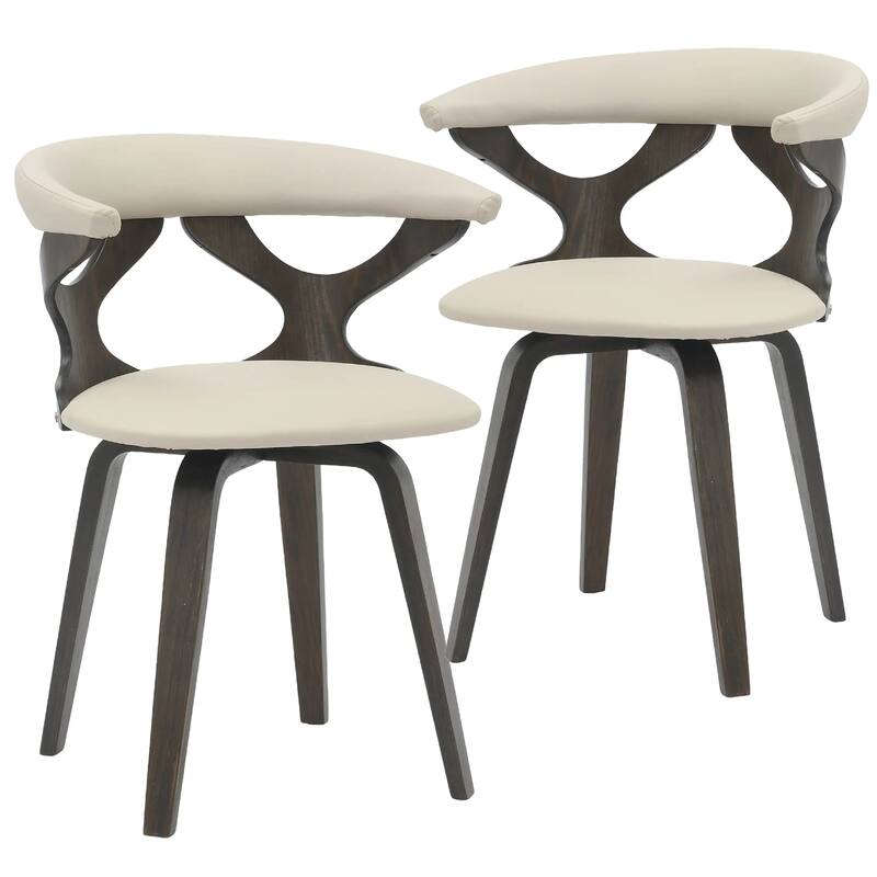Klyne Leather Dining Chair with Poplar Wood Frame - Mid-Century Wooden Accent Chair with Swivel Base Set of 2 - Dark Walnut/Taupe
