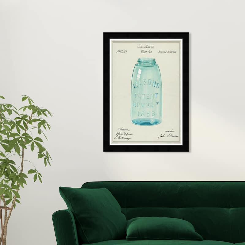 Wynwood Studio Prints Food and Cuisine Mason Jar Farm Patent Blue and Teal Farmhouse Wall Art Canvas Print - Black