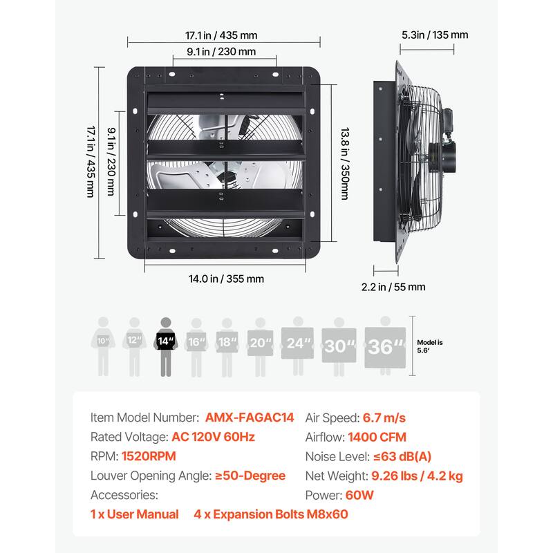 14 inch Shutter Exhaust Fan, Wall Mounted Attic Vent Fan with Variable Speed Controller, 1400 CFM, AC Motor, Low Noise for Shed