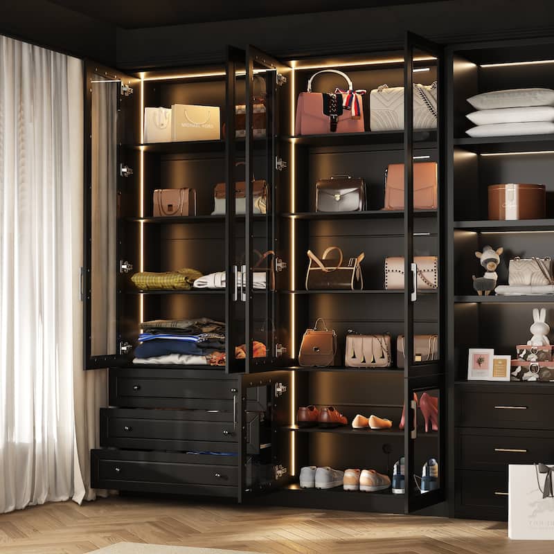 Buffet Display Closet Cabinet Tempered Glass Customizable Lighting Sideboard Bookshelf Pantry - 63"X78.7“
