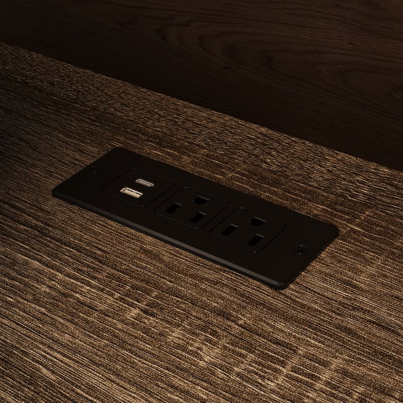 Farmhouse Nightstand with 2 Drawers, Open Shelf & Power Port, Rustic Bedside Table, Antique Brass Handles, White/Grey