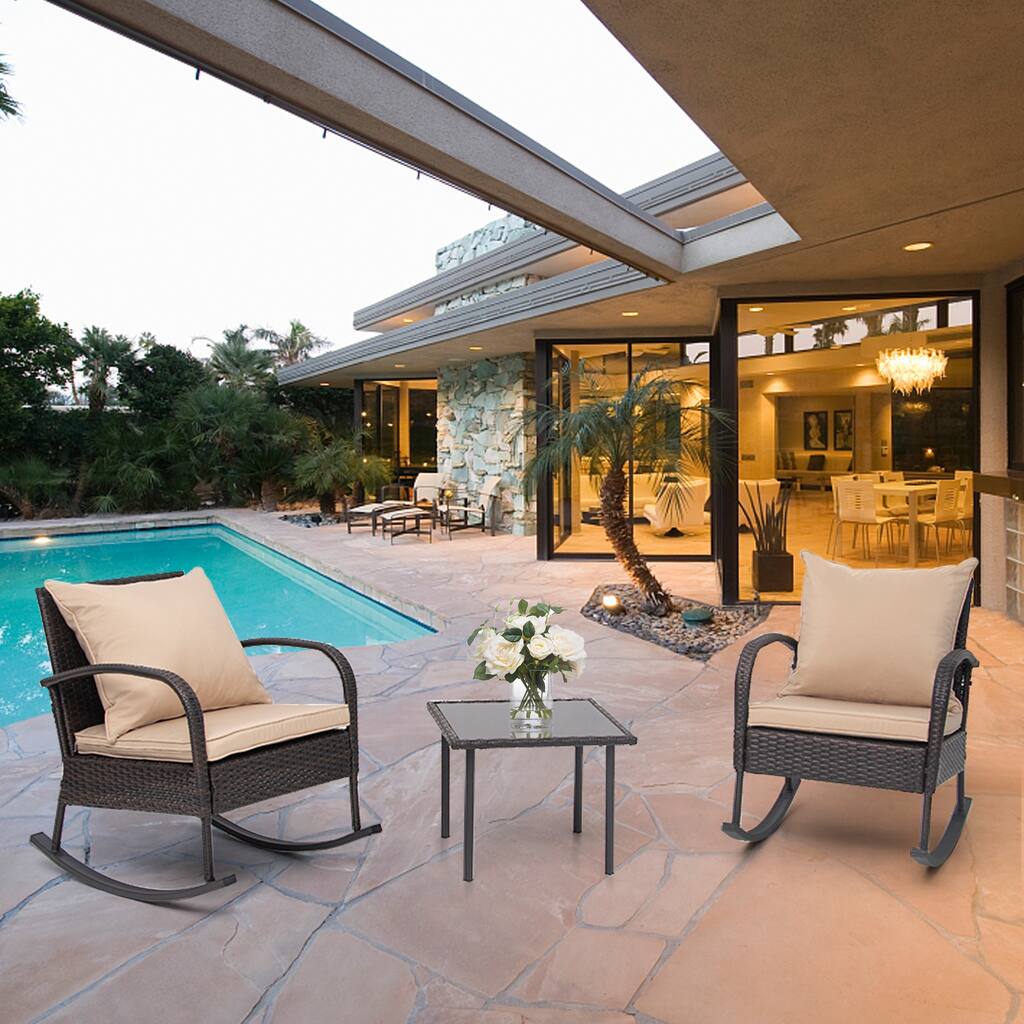 Outdoor Patio Wicker Bistro Set Rocking Chairs with Glass Top Table Set