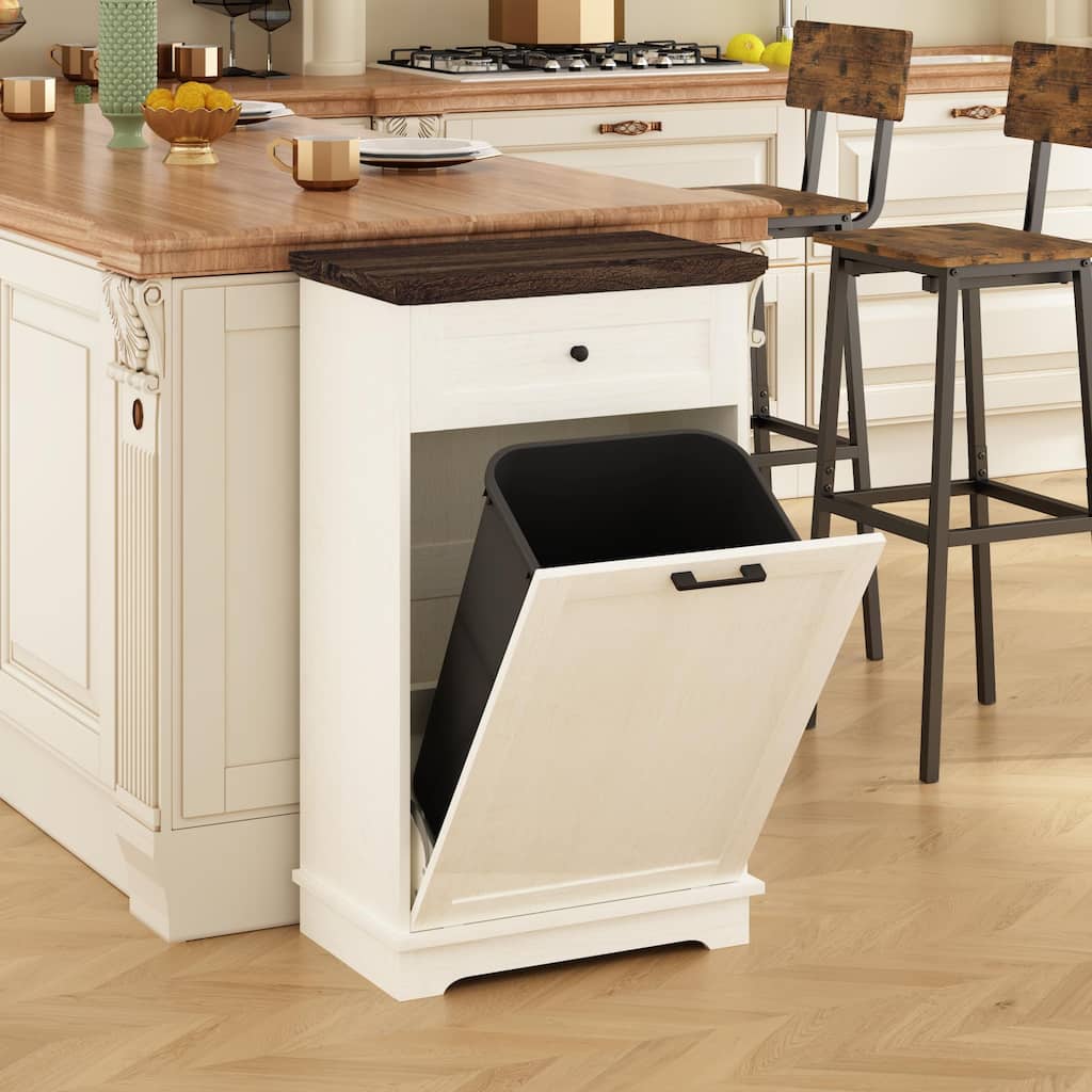 10 Gallon Tilt Out Trash Cabinet Freestanding Wood Trash Bin Cabinet with Hideaway Drawer Pet Proof Trash Can Holder
