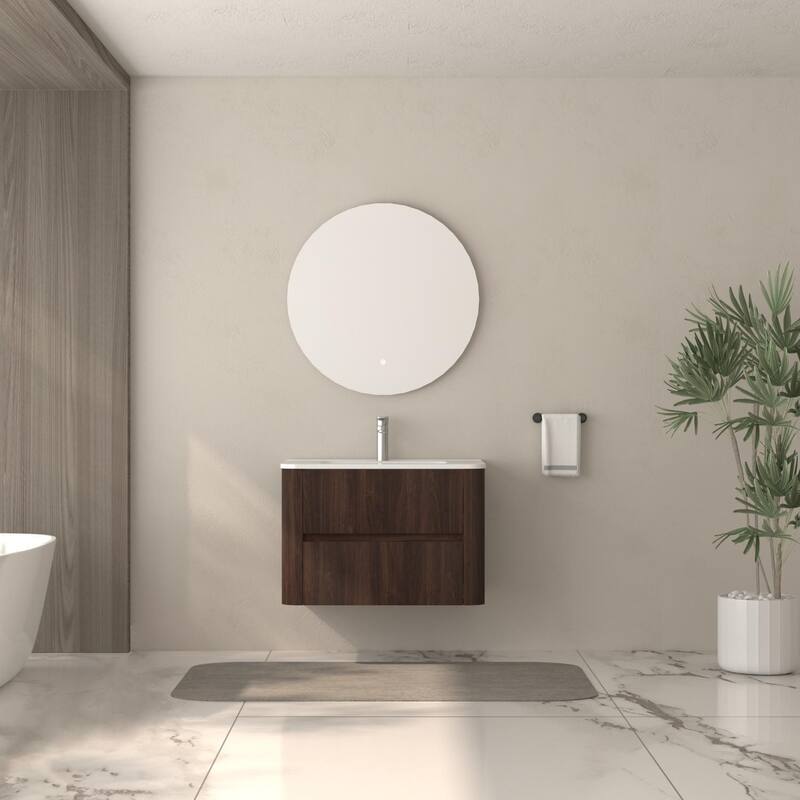 30" Wall Mounted Bathroom Vanity with Sink Floating Vanity Two Drawers Bathroom Cabinet with Ceramic Integrated Sink - Dark Walnut