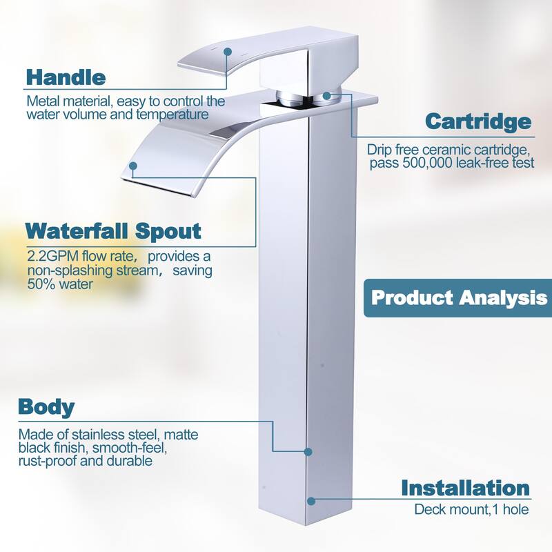 WOWOW Single Handle Single Hole Waterfall Bathroom Vessel Faucet
