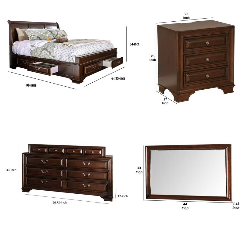 Lio Four Piece Queen Size Bedroom Set, Cherry Brown Wood Inlay Design, Silver Metal Handles
