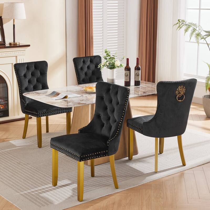 Velvet Dining Chairs Set of 2, Tufted Dining Chairs with Nailhead Trim, Kitchen Chairs with Lion Head Pulls Ring & Wooden Legs