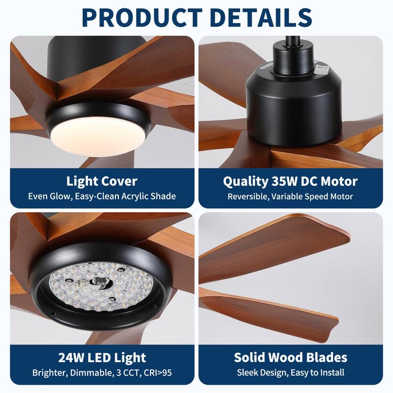 52 Inch Modern Farmhouse Solid Wood Ceiling Fan with Light, Quiet Reversible DC Motor, Remote, 6 Speeds