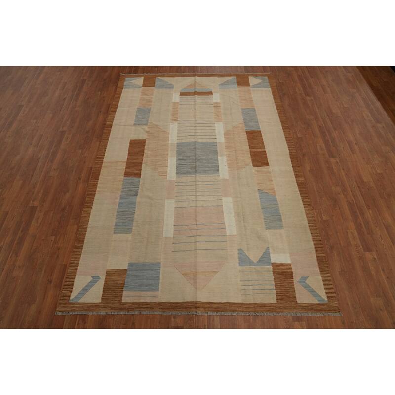 Hand Woven Oriental 100% Wool Carpet Southwestern Tribal Beige & Ivories Kilim Area Rug - 9' 7'' X 6' 7''