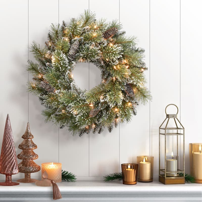 Puleo International 24" Pre-Lit Snowy Wreath - 24"