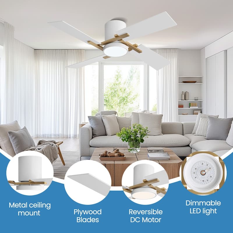 48Inch 4 Two-color Fan Blades Dc Motor Indoor Ceiling Fan With Light Kit And Remote