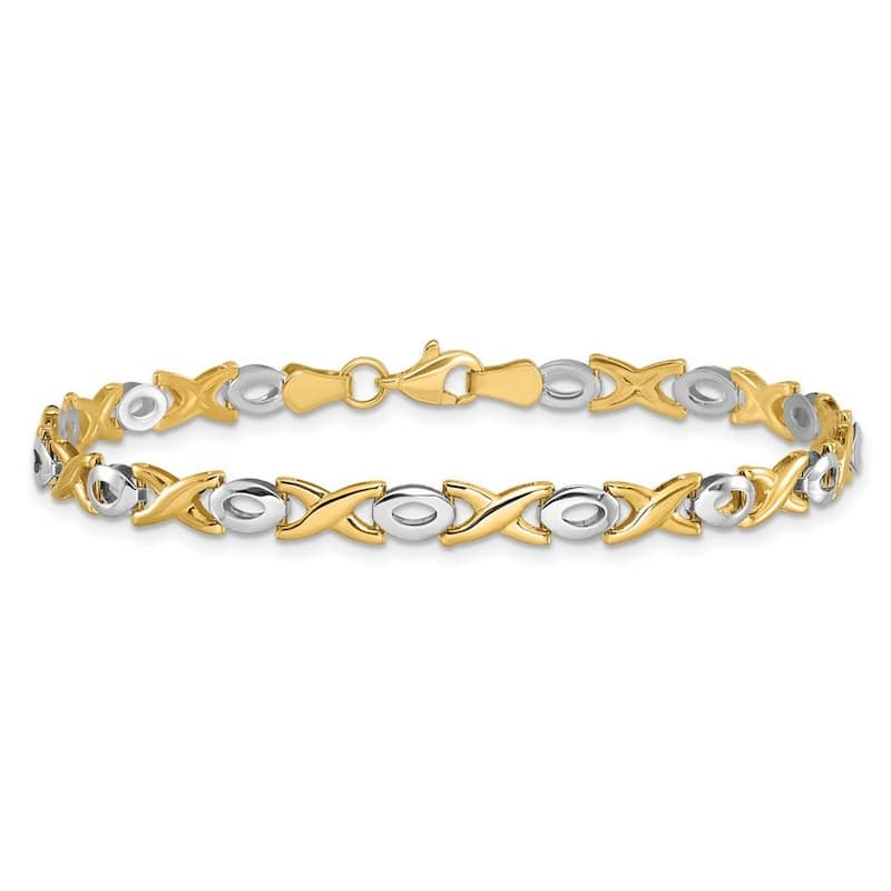 Curata 14k Two tone Gold 7.25" 7mm XOXO Hugs Kisses Stampato Bracelet