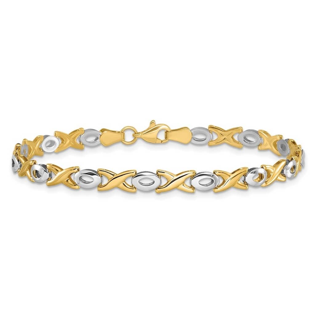Curata 14k Two tone Gold 7.25" 7mm XOXO Hugs Kisses Stampato Bracelet