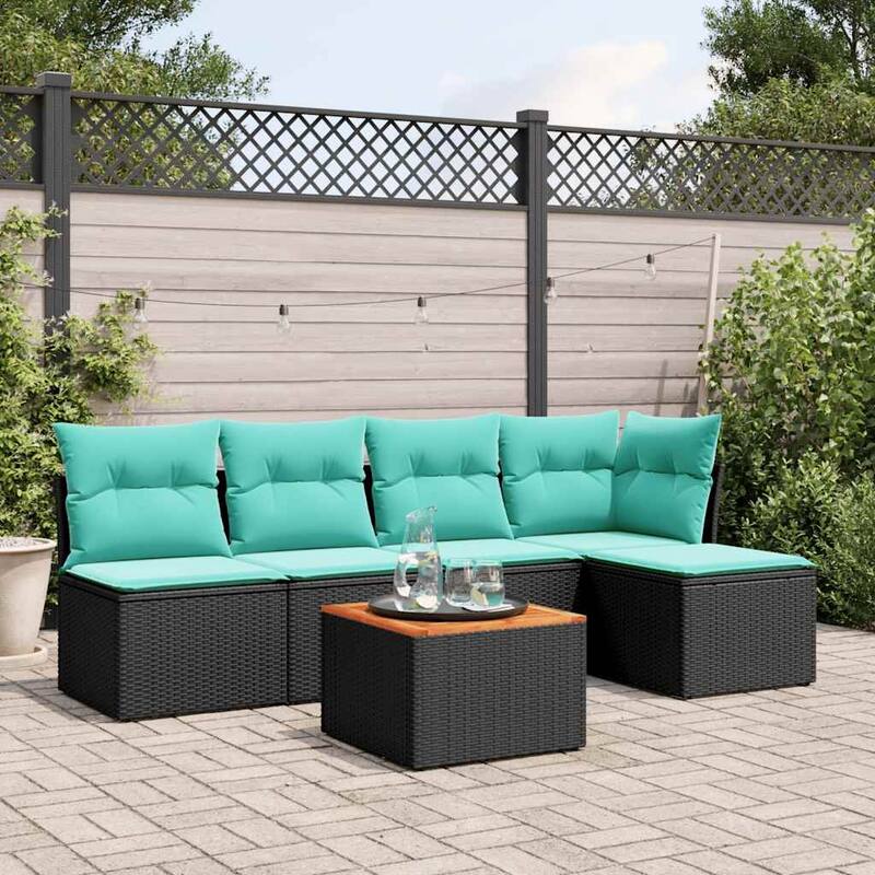 vidaXL 6 Piece Patio Sofa Set with Cushions Black Poly Rattan - 24.4 x 24.4 x 27.2