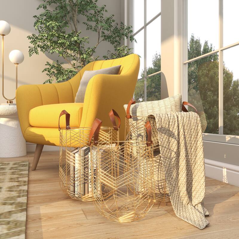Metal Decorative and Functional Storage Basket with Faux Leather Handles - Set of 3 Silver or Gold - CosmoLiving by Cosmopolitan