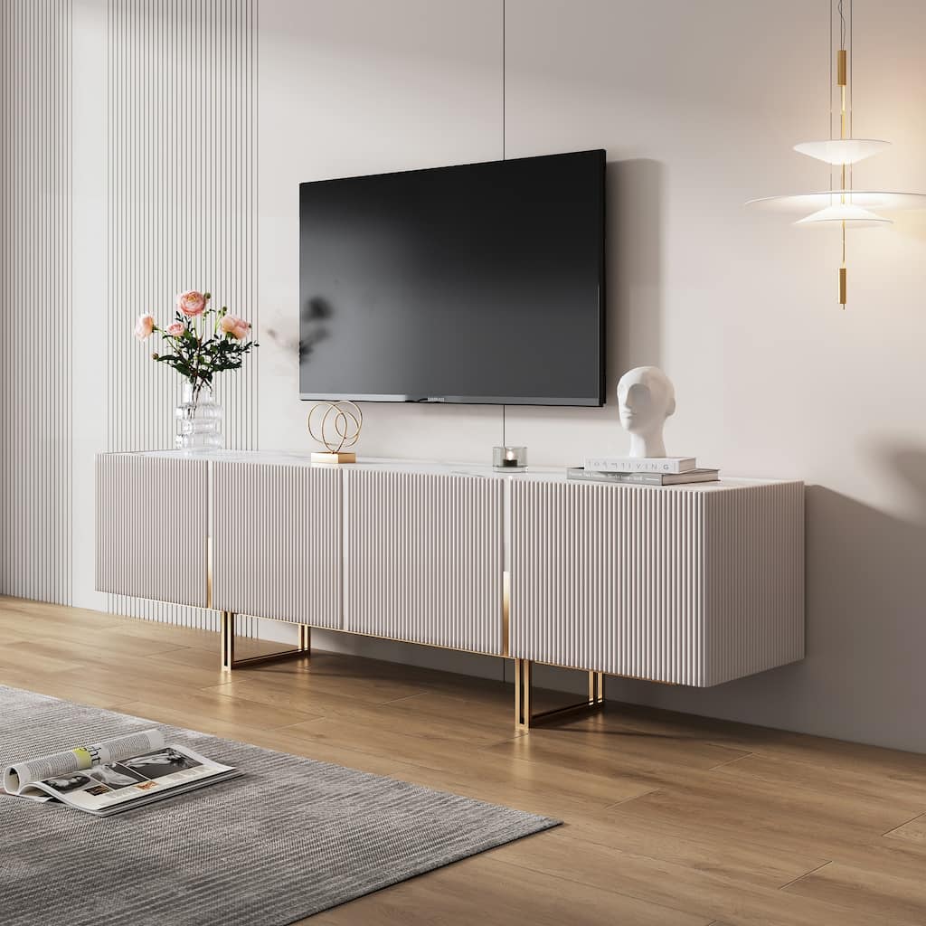 JASIWAY Beige Stone Top TV Stand with 4 Doors 6 Shelves