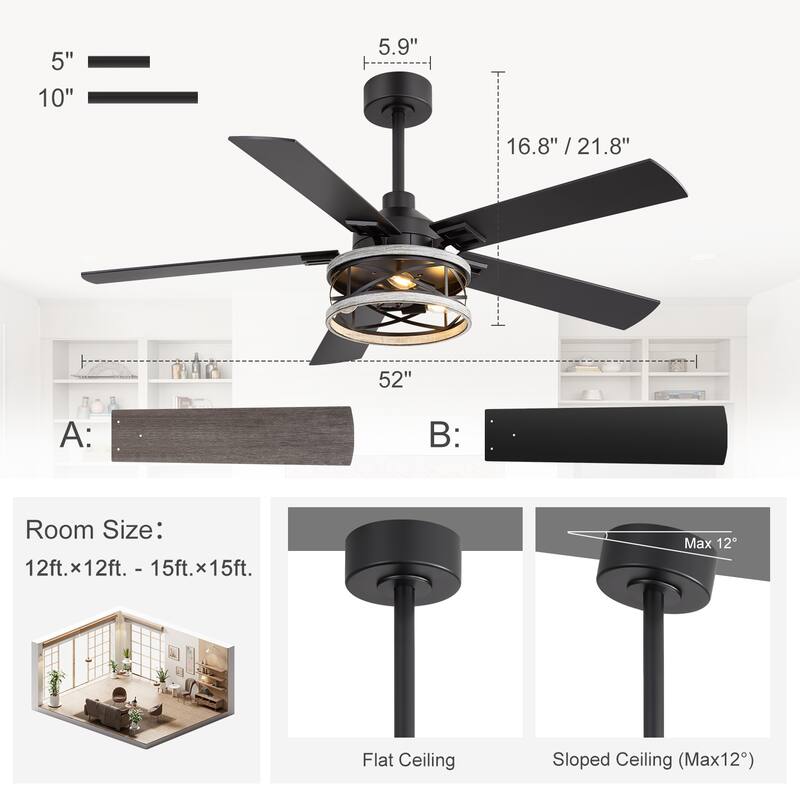 52-inch Reversible 5-Blade Caged Ceiling Fan with Remote and Light Kit