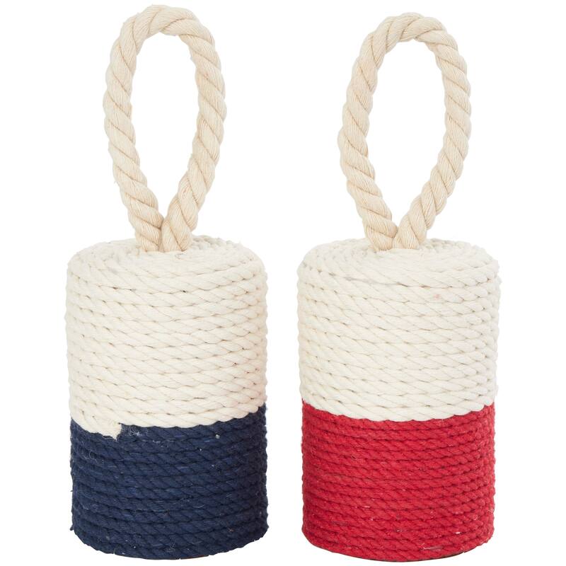 Cream Cotton Fabric Coiled Colorblock Buoy Sculpture with Red and Blue Bases (Set of 2)
