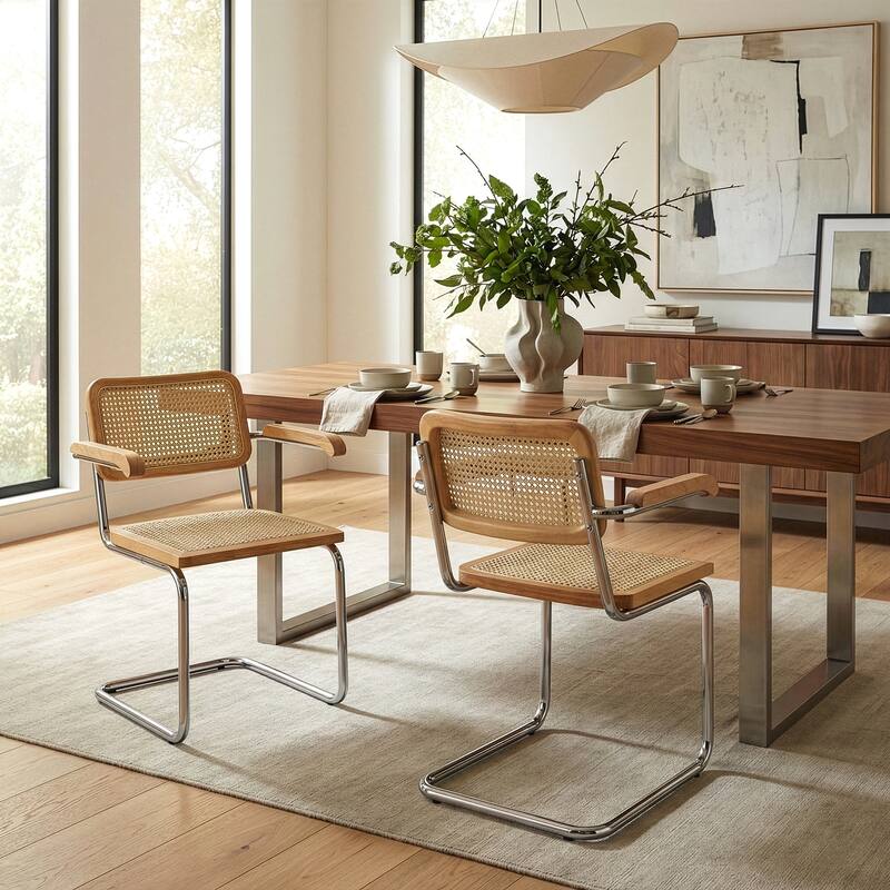 Set of 2 Barnard Natural Wooden Dining Chair with Rattan Back and Chrome Legs