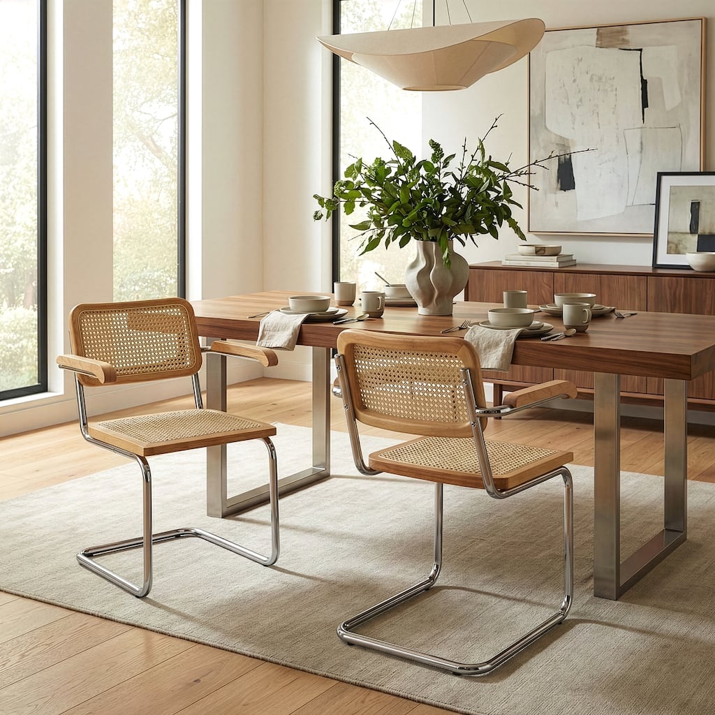 Set of 2 Barnard Natural Wooden Dining Chair with Rattan Back and Chrome Legs