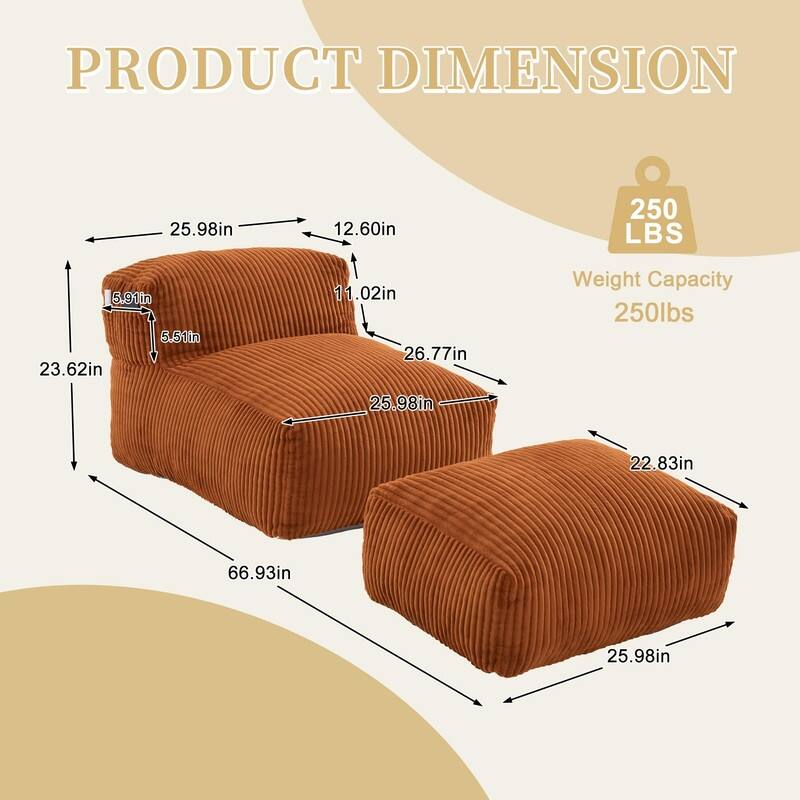 Large Memory Foam Bean Bag Chair for Adults, Corduroy Lounger Sofa with Ottoman