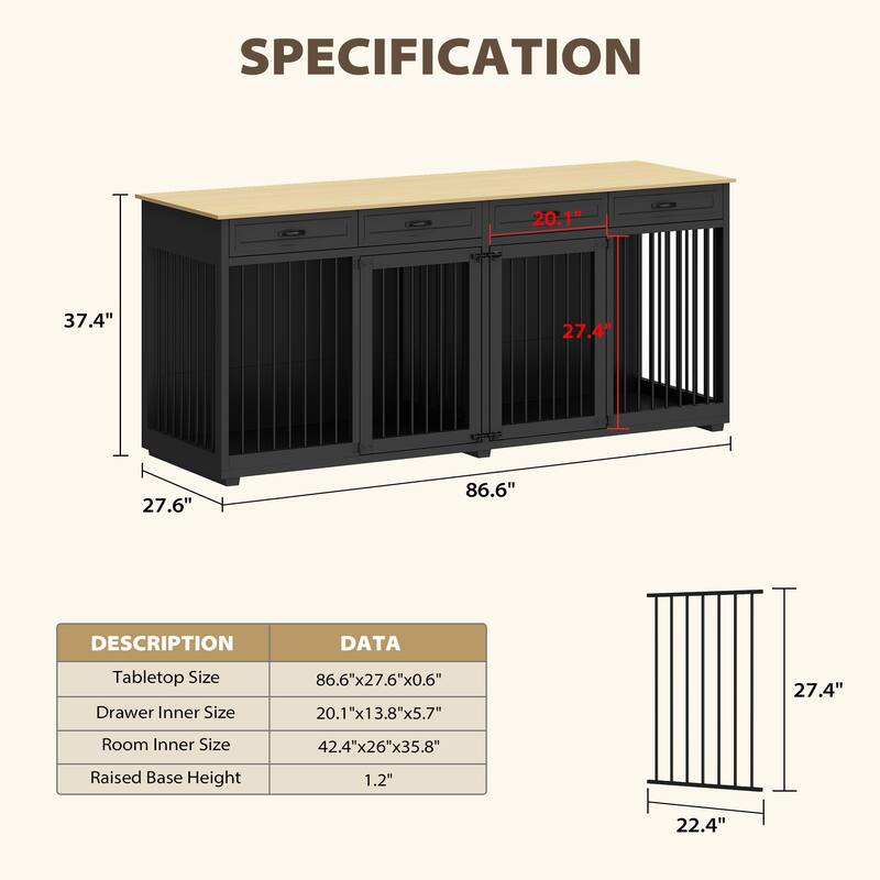 Wooden Dog Crate Kennel Furniture for 2 Dogs with Divider & Drawers