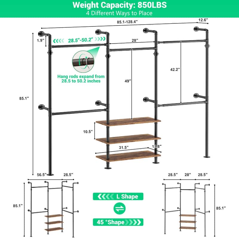 Industrial Pipe Garment Rack with Expandable Hanging Rods and Shelves,Reversible Walk-in Closet Organizer System Clothing Rack