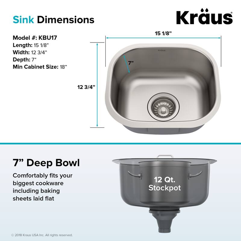 Kraus 15-1/8" Undermount Single Bowl 18 Gauge Stainless Steel Kitchen