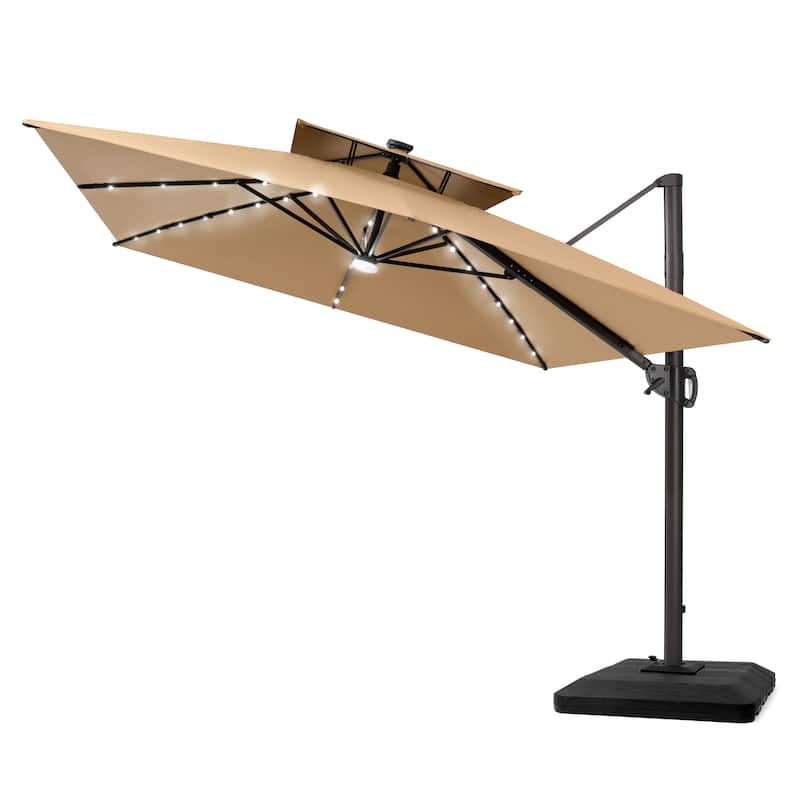 12 x 9 FT Outdoor Patio Aluminum Cantilever Umbrella with Solar Lights Double Canopy with Base