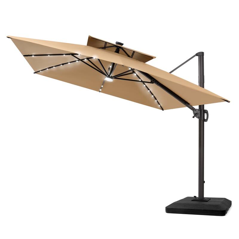 12 x 9 FT Outdoor Patio Cantilever Umbrella with Solar Lights Double Canopy 360 Rotation Tilt with Base
