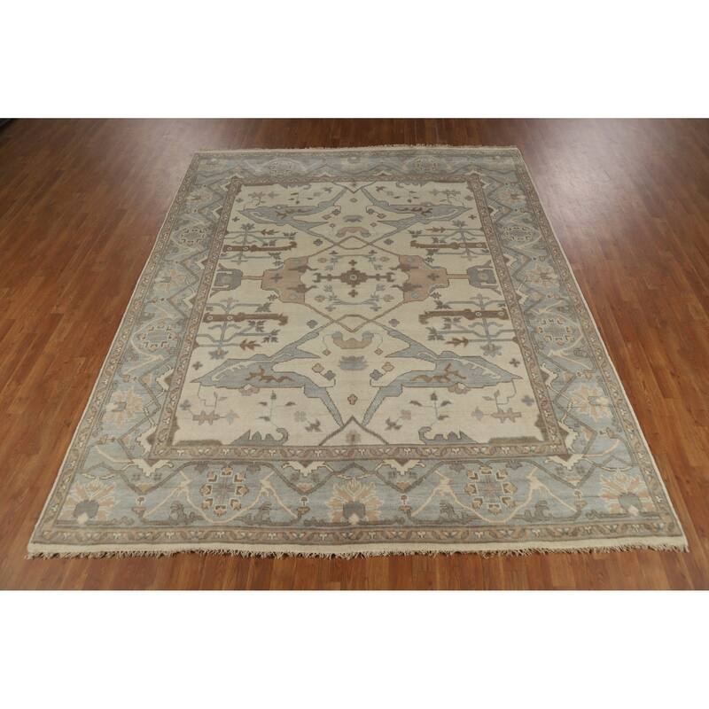 Beige Floral Oushak Indian Area Rug Hand-Knotted Wool Carpet - 8'1" x 9'10"