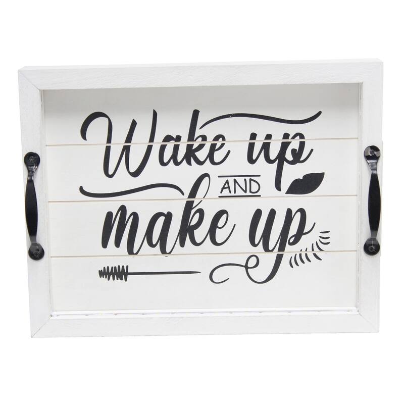HomeRoots 16" White And Black Wake Up and make up Serving Tray With Handles And LED Lights - 15.50 in. x 2.25 in. x 12.00 in.