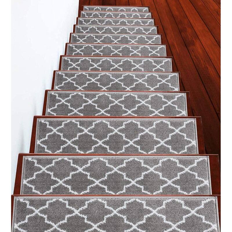SUSSEXHOME Geometric Stair Treads with Easy to Install Double Adhesive Tape 9" x 28" - 13-PACK - Light Gray