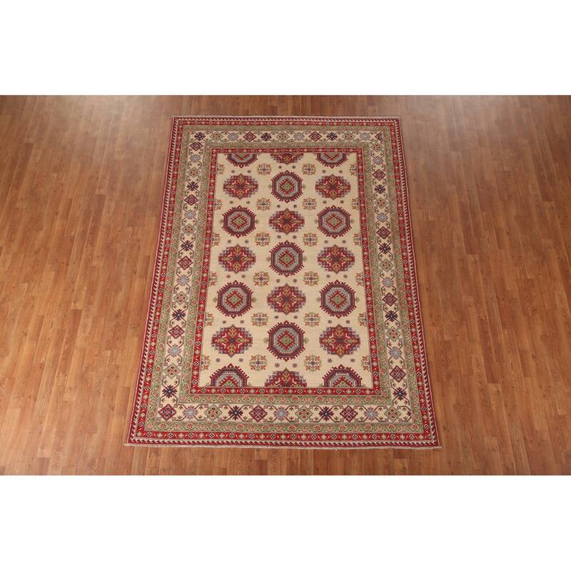 Beige Kazak Area Rug Hand-Knotted Geometric Wool Carpet - 6'6" x 9'2"