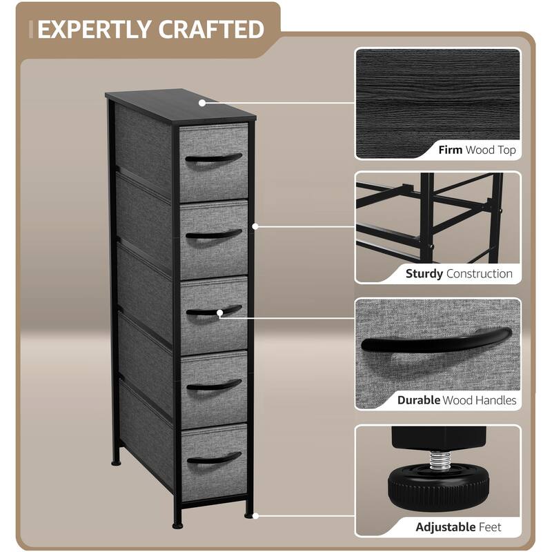 Sorbus Narrow Dresser with 5 Drawers - Vertical Slim Storage Chest of Drawers with Steel Frame, Wood Top & Easy Pull Fabric Bins